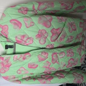 Green and Pink Hooded Floral Quilted Jacket